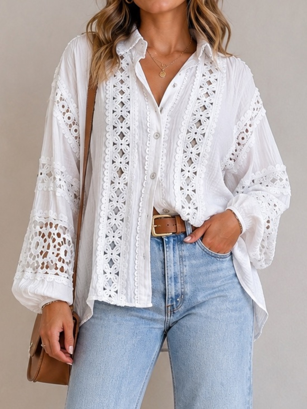 POL White Crochet-Trim Button Front Blouse